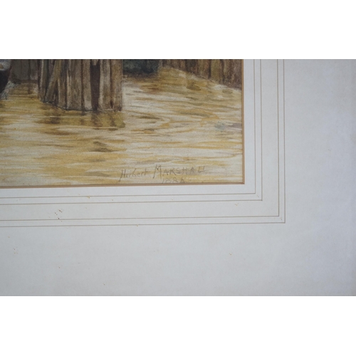 77 - Herbert Marshall (1841-1913) The Tower from the Thames and two London street sceneswatercolours (3)s... 