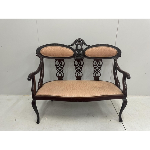 106 - A late Victorian carved mahogany seven piece salon suite, settee width 120cm, depth 50cm, height 105... 