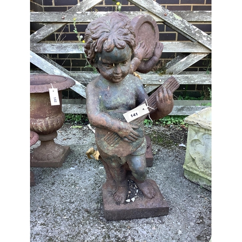 141 - A pair of cast iron musical putti garden ornaments, larger height 68cm. Condition - fair