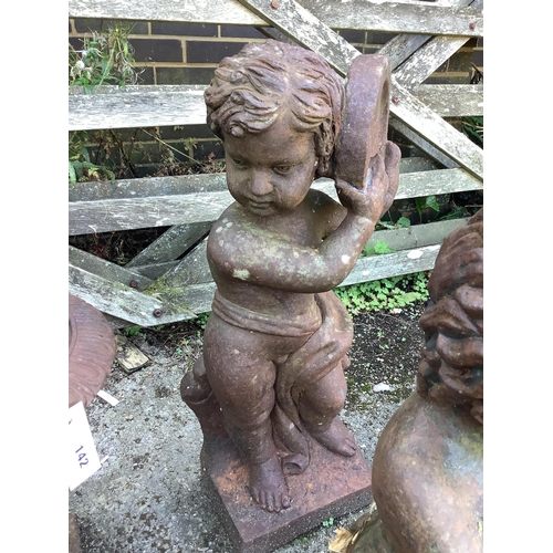 141 - A pair of cast iron musical putti garden ornaments, larger height 68cm. Condition - fair