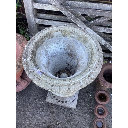 145 - A reconstituted stone campana garden urn, diameter 61cm, height 93cm. Condition - fair