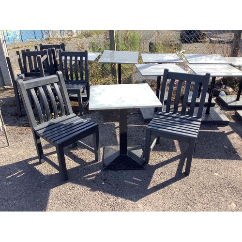 155 - Ten square zinc top tables, 60cm, height 72cm, together with eleven painted teak garden chairs, widt... 