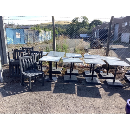 155 - Ten square zinc top tables, 60cm, height 72cm, together with eleven painted teak garden chairs, widt... 