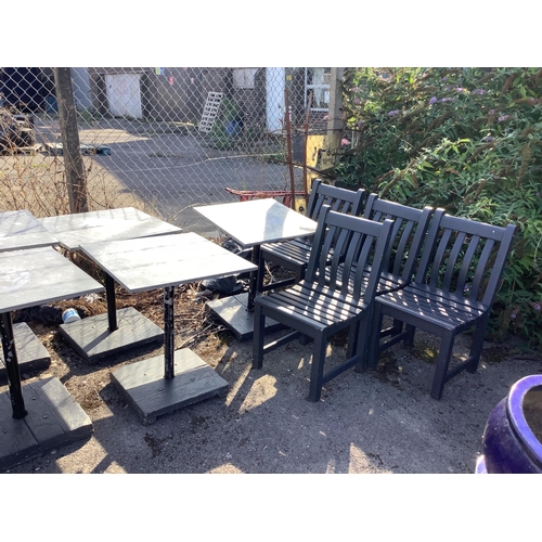 155 - Ten square zinc top tables, 60cm, height 72cm, together with eleven painted teak garden chairs, widt... 