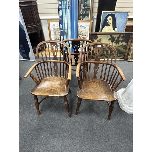 158 - Three early 19th century Thames Valley yew and elm Windsor elbow chairs, width 53cm, depth 39cm, hei... 