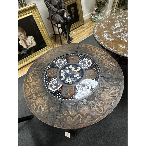 161 - An early 20th century circular carved beech and cloisonne topped occasional table, on oak underframe... 