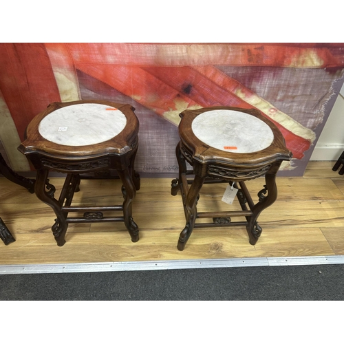 164 - A pair of Chinese vase stands with white marble tops, width 35cm, height 45cm. Condition - fair to g... 