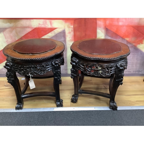 165 - A pair of Chinese circular jardiniere stands with wood inset tops, diameter 46cm, height 46cm. Condi... 