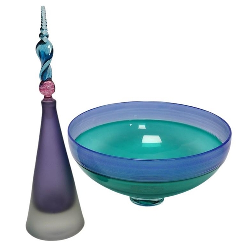 251 - Bob Crooks (b.1956), a studio glass bowl and scent bottle, 27cm. Condition - good, scratches to base... 