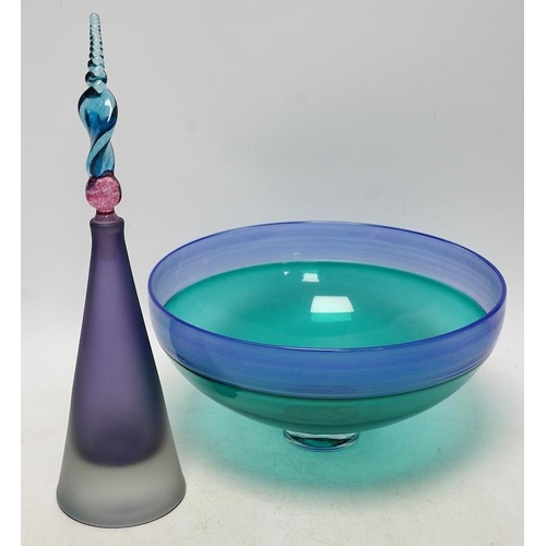 251 - Bob Crooks (b.1956), a studio glass bowl and scent bottle, 27cm. Condition - good, scratches to base... 