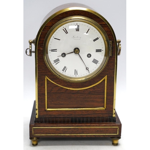 259 - A rosewood brass inlaid eight day mantel clock with enamel dial inscribed Gantheny, Cheapside, with ... 