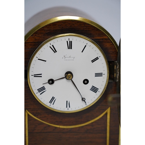 259 - A rosewood brass inlaid eight day mantel clock with enamel dial inscribed Gantheny, Cheapside, with ... 