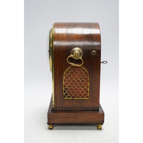 259 - A rosewood brass inlaid eight day mantel clock with enamel dial inscribed Gantheny, Cheapside, with ... 