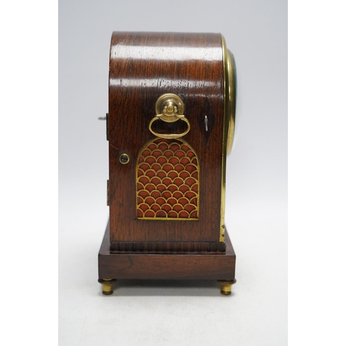 259 - A rosewood brass inlaid eight day mantel clock with enamel dial inscribed Gantheny, Cheapside, with ... 