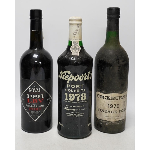 266 - Three bottles of port  to include a bottle of Niepoorts Colheita port vintage 1978, a bottle of Nov... 