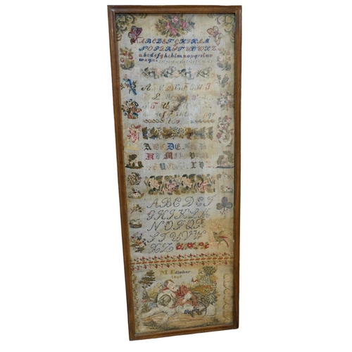 270 - A 19th century framed alphabet sampler worked by M. Edlacher, overall 114cm high. Condition - poor... 