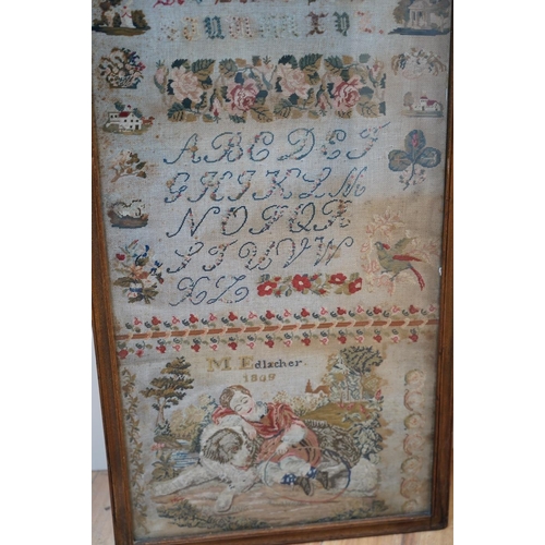 270 - A 19th century framed alphabet sampler worked by M. Edlacher, overall 114cm high. Condition - poor... 