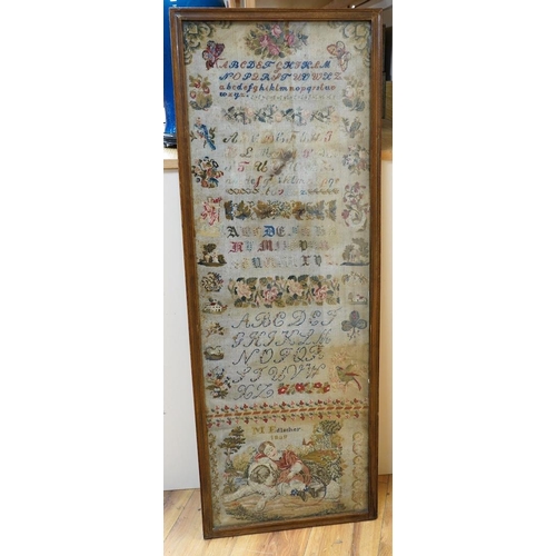 270 - A 19th century framed alphabet sampler worked by M. Edlacher, overall 114cm high. Condition - poor... 