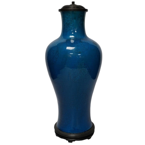 271 - A Chinese blue glazed vase converted to a lamp base, 47cm high. Condition - fair, crazing throughout... 