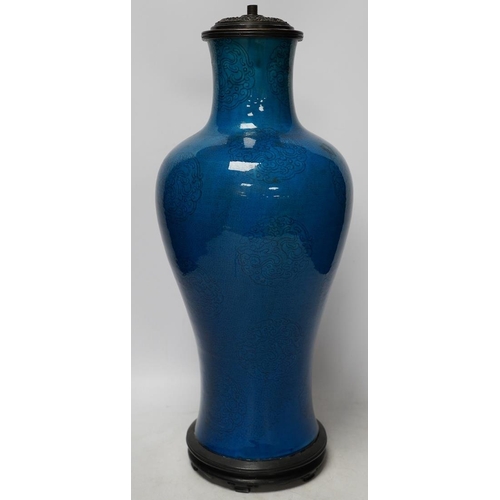 271 - A Chinese blue glazed vase converted to a lamp base, 47cm high. Condition - fair, crazing throughout... 