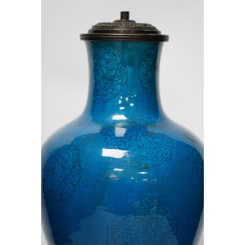 271 - A Chinese blue glazed vase converted to a lamp base, 47cm high. Condition - fair, crazing throughout... 