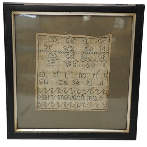 272 - An early 19th century alphabet sampler worked by Mary Snowdon 1813, 21 x 19cm. Condition - poor... 