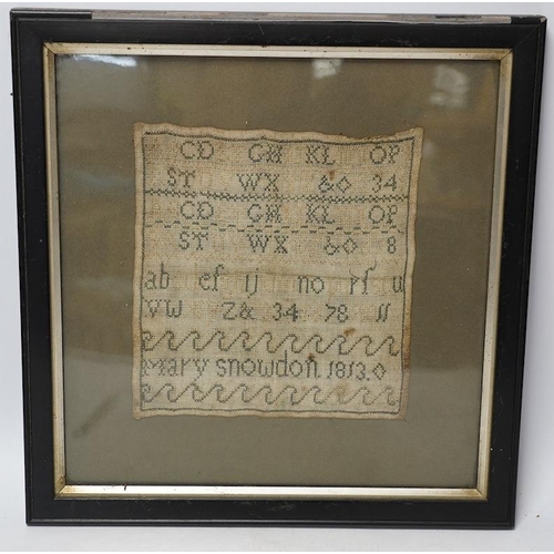 272 - An early 19th century alphabet sampler worked by Mary Snowdon 1813, 21 x 19cm. Condition - poor... 