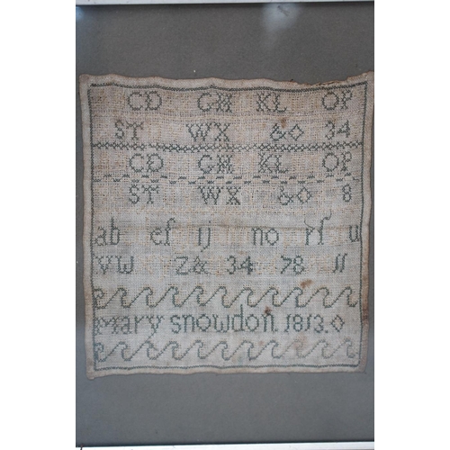 272 - An early 19th century alphabet sampler worked by Mary Snowdon 1813, 21 x 19cm. Condition - poor... 