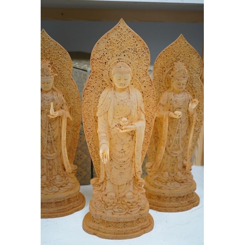 274 - A set of three large Chinese glass figures of Bodhisattva, rust finish, with cases, 42cm high. Condi... 