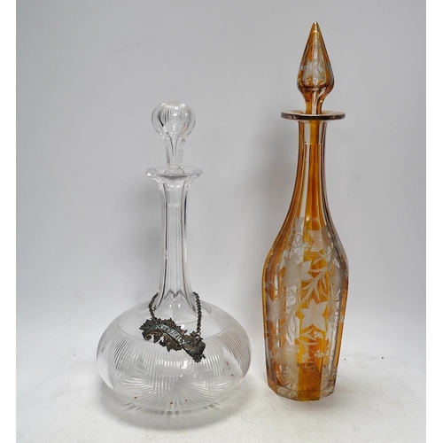 278 - A George III silver Sherry label, decanter and Victorian long necked Sherry decanter (2). Condition ... 