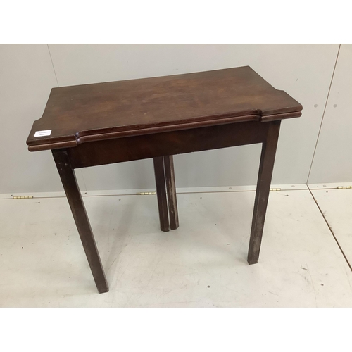 28 - A George III mahogany folding card table, width 74cm, depth 37cm, height 73cm. Condition - fair... 