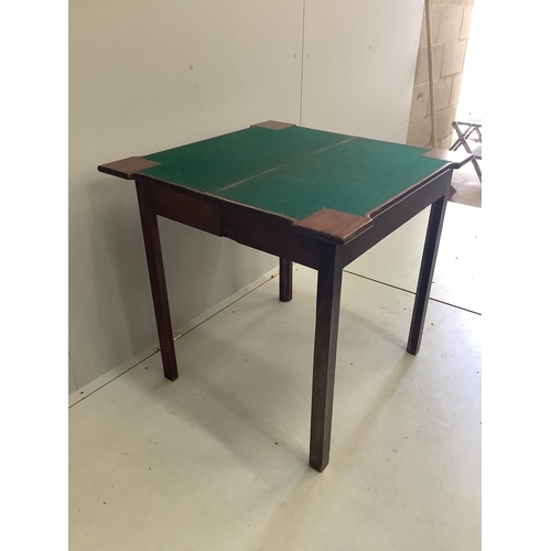 28 - A George III mahogany folding card table, width 74cm, depth 37cm, height 73cm. Condition - fair... 