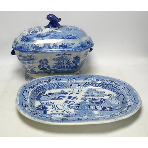 284 - A Victorian Staffordshire blue and white pottery soup tureen and cover, together with a meat dish (2... 