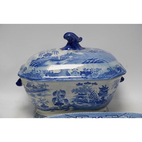 284 - A Victorian Staffordshire blue and white pottery soup tureen and cover, together with a meat dish (2... 