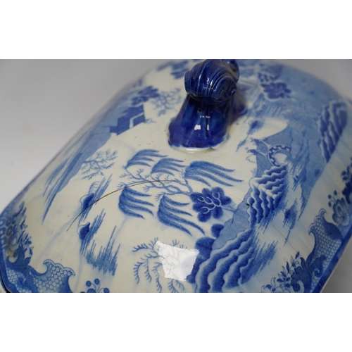 284 - A Victorian Staffordshire blue and white pottery soup tureen and cover, together with a meat dish (2... 