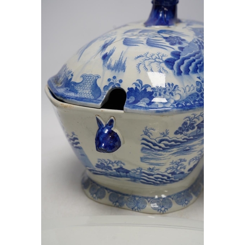 284 - A Victorian Staffordshire blue and white pottery soup tureen and cover, together with a meat dish (2... 