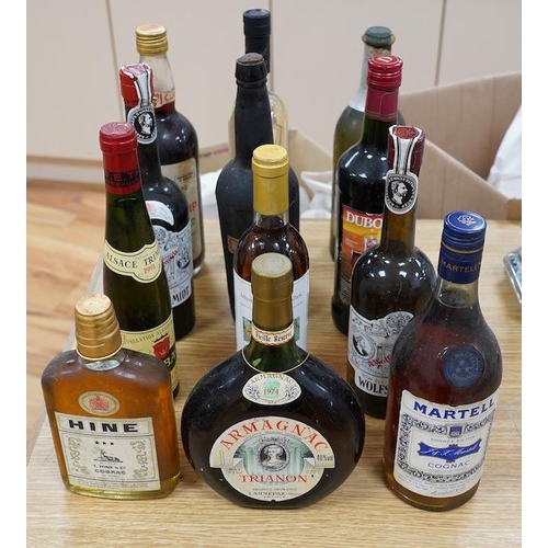 295 - Twelve various bottles of alcohol including a bottle of Trianon 1974 Armagnac, a bottle of Martell t... 