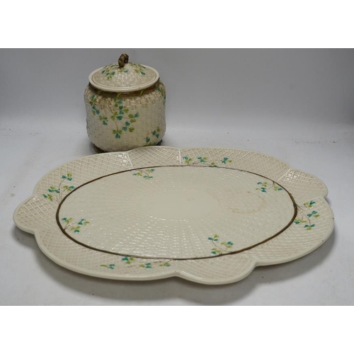 299 - A Belleek cabaret tray and biscuit barrel with cover, clover decoration, 45cm. Condition - cover rep... 