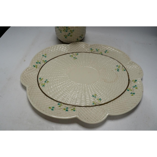 299 - A Belleek cabaret tray and biscuit barrel with cover, clover decoration, 45cm. Condition - cover rep... 