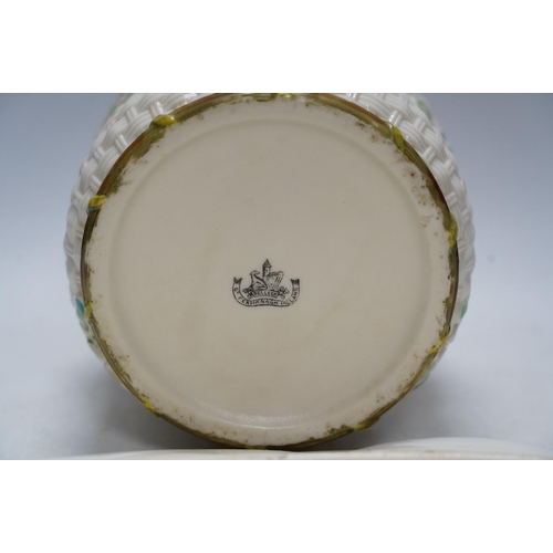 299 - A Belleek cabaret tray and biscuit barrel with cover, clover decoration, 45cm. Condition - cover rep... 