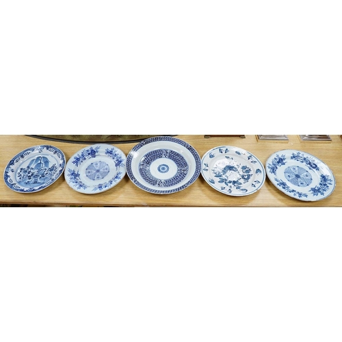 306 - Five various delft dishes, largest 37cm diameter. Condition - poor to fair