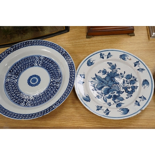 306 - Five various delft dishes, largest 37cm diameter. Condition - poor to fair