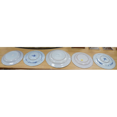 306 - Five various delft dishes, largest 37cm diameter. Condition - poor to fair