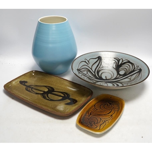 310 - A Poole pottery Aegean ware bowl and dish, a light blue glazed vase and a John Harlow stoneware dish... 