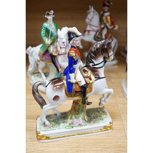 312 - A group of eight Italian porcelain figures on horseback, tallest 30cm. Condition - fair