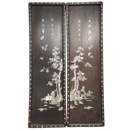 314 - A pair of Chinese mother of pearl inlaid panels, 68 x 20cm. Condition - poor to fair