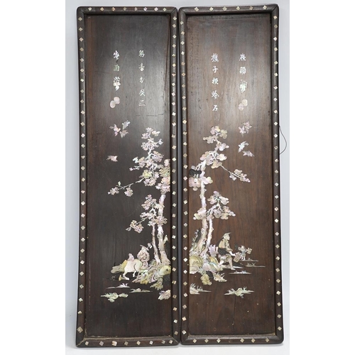 314 - A pair of Chinese mother of pearl inlaid panels, 68 x 20cm. Condition - poor to fair