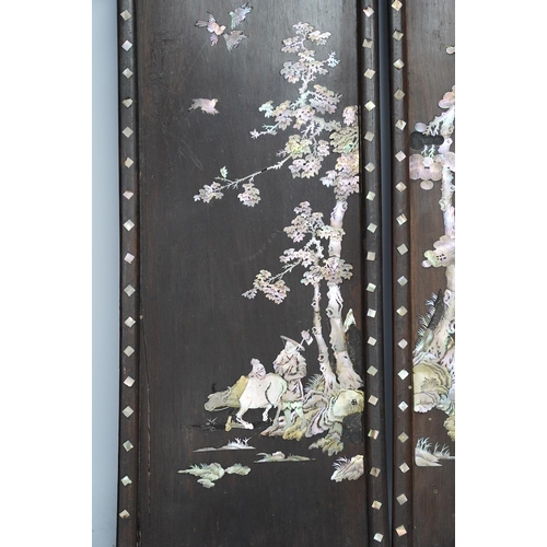 314 - A pair of Chinese mother of pearl inlaid panels, 68 x 20cm. Condition - poor to fair