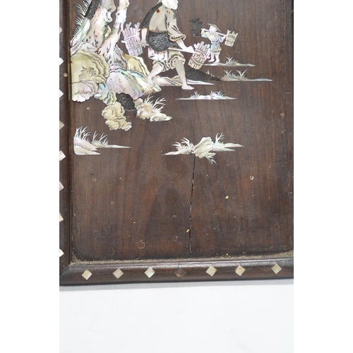 314 - A pair of Chinese mother of pearl inlaid panels, 68 x 20cm. Condition - poor to fair