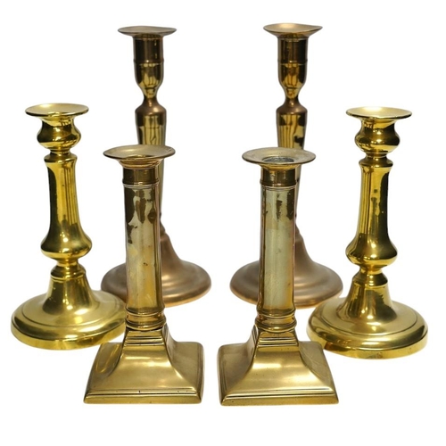 315 - Three pairs of brass candlesticks, tallest 24cm. Condition - fair to good